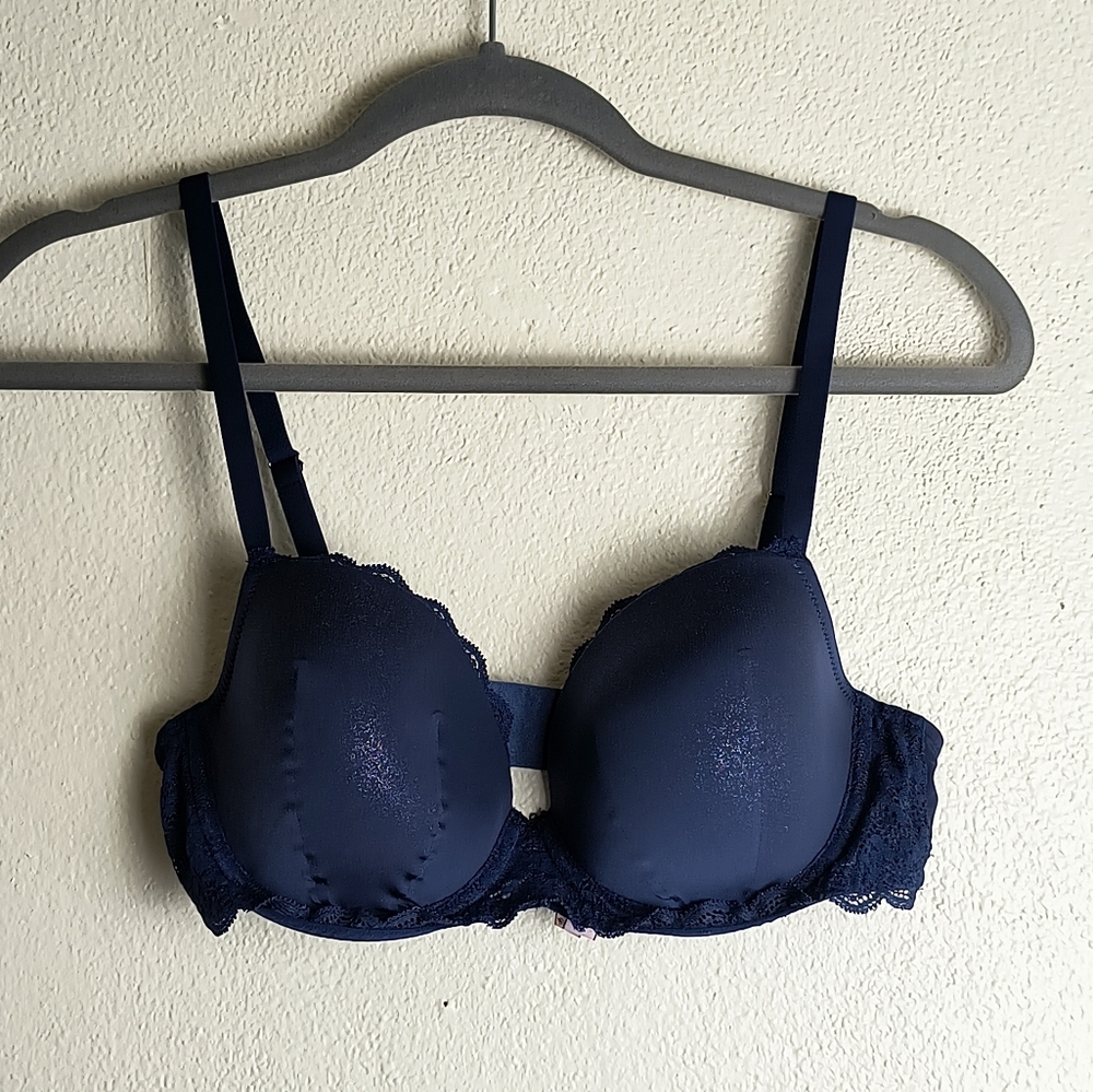 Victoria Secret Dream Angels Lined Demi Navy Blue Lace Bra Size 34D